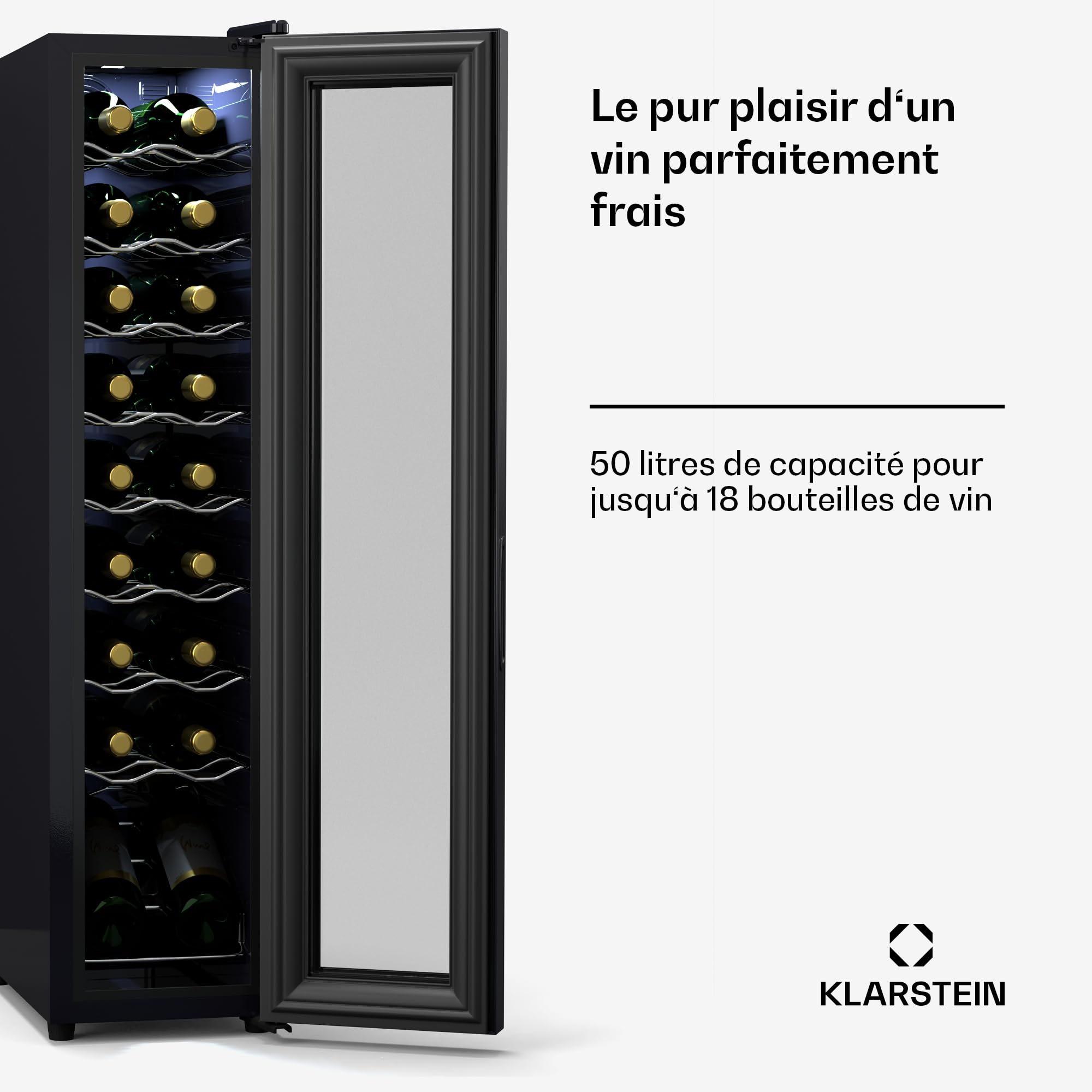 Klarstein Lodówka na wino, 1-strefowa, ze szklanymi drzwiami, cicha lodówka do użytku wewnątrz i na zewnątrz, 50 l, mała lodówka na napoje, na 18 butelek