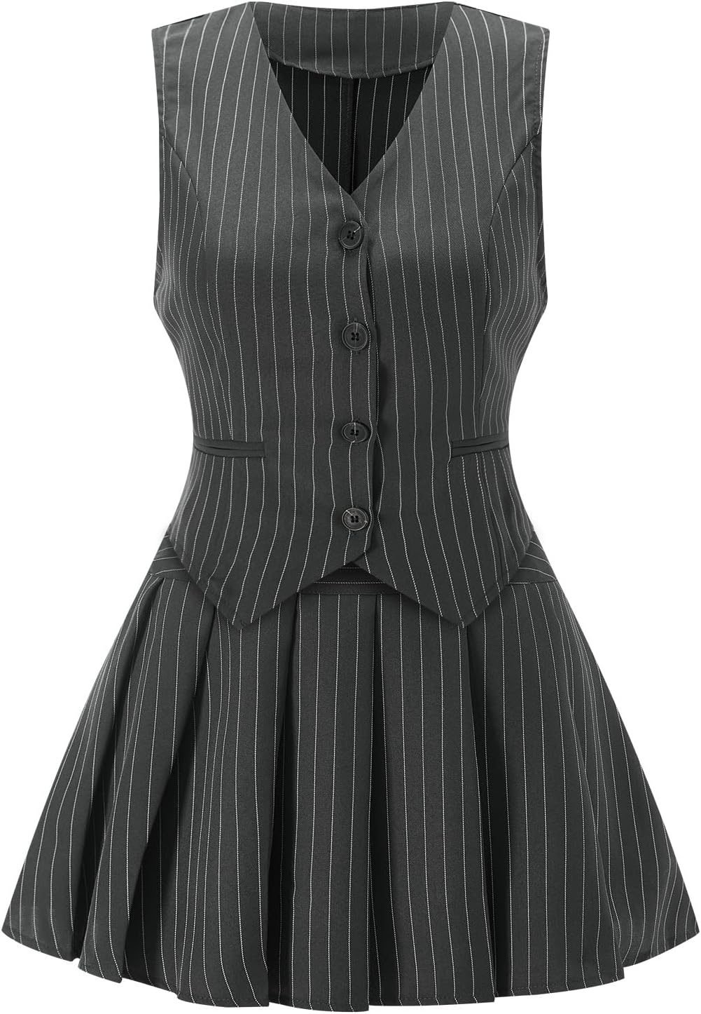 Women's 2 Piece Striped Sets Button Up V Neck Blazer Vest and Pleated Mini Skirt Work Office Outfits