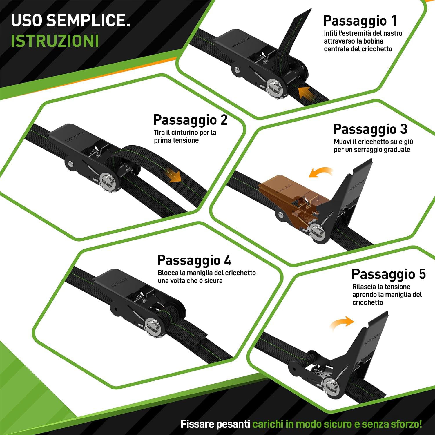 Cinghie Di Fissaggio A Cricchetto 5m - 4 Pezzi, Carico 1000 Kg - Per Trasporto Sicuro Di Moto, Kayak, Bagagli