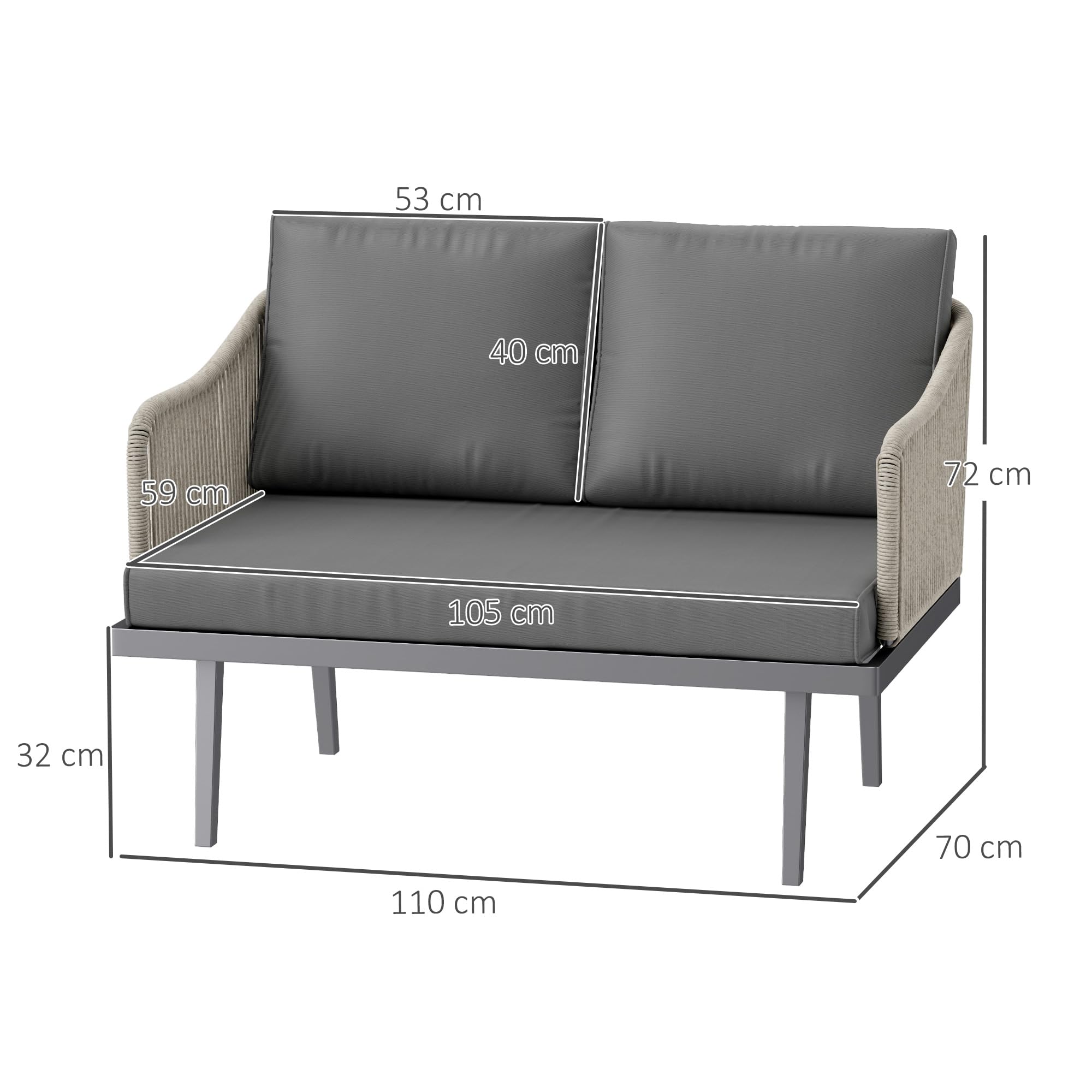 Outsunny Canapé de Jardin 2 Places avec Coussins en résine tressée, canapé d'extérieur avec accoudoirs, Cadre en Acier pour Jardin, Gris foncé