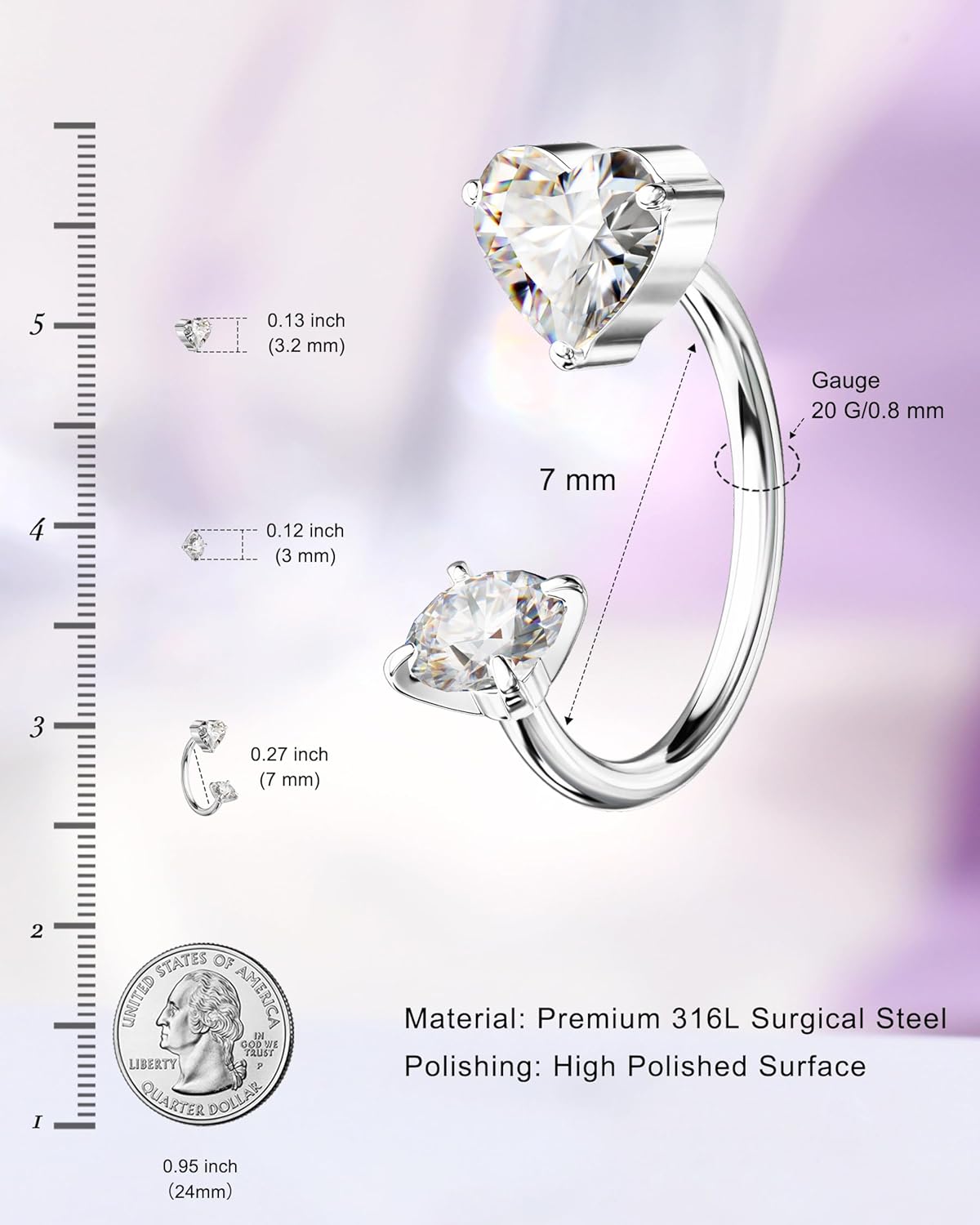 Jewseen 20G Heart Horseshoe Nose Ring 7MM Threadless Lip Piercing Jewelry Push Pin 316L Surgical Steel Nose Ring for Women Double Cubic Zirconia Septum Lip Daith Conch Piercing Jewelry Hypoallergenic - Image 4