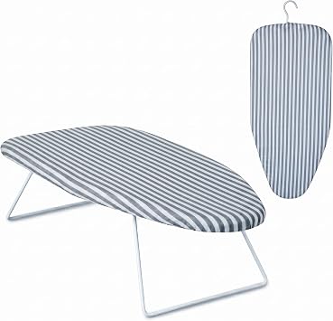 Honey-Can-Do Steel Tabletop Ironing Board with Folding Legs, Grey and White Stripe Cotton Cover, Compact Space-Saving Design, 30" L x 6" H