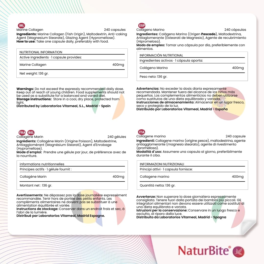 Colágeno Marino Hidrolizado NaturBite – Proteína de Colágeno de Pescado – 240 Cápsulas – Complemento Alimenticio para Piel, Cabello, Uñas y Articulaciones