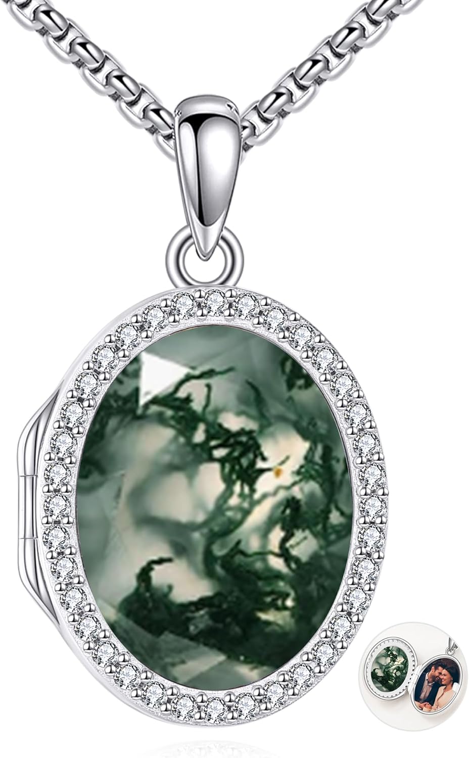 Locket Necklace Sterling Silver Turquoise/Opal/Moss Agate/Moonstone/Black Onyx/Lapis Lazuli/Blue Opal/Malachite Locket Photo Necklace Turquoise Jewelry Memorial Gifts for Women Mom Wife