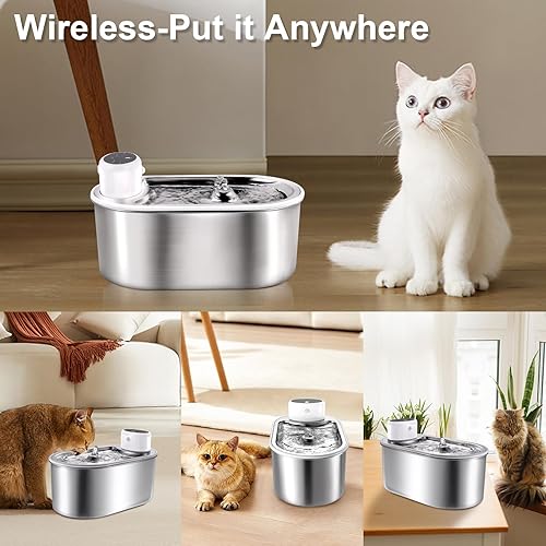 Miniatura 7 de Fuente de agua inalámbrica para gatos de acero inoxidable, fuente de agua para perros, dispensador automático de agua de 101 onzas3 litros para