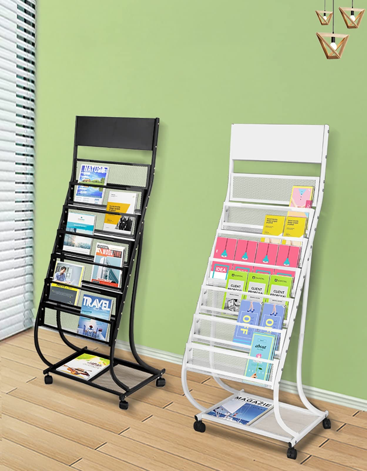 Zeitschriftenhalter Metall Posterständer mit Rädern, Einzigartiger Prospektständer mit 7 Taschen, für Bankhalle/Bibliotheken/Ausstellung/Lobby (Color : White)