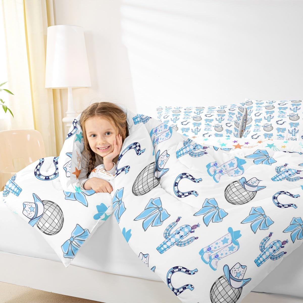 Feelyou Blue Western Comforter Set Toddler Size Wild West Cowboy Bedding Set for Boys Girls Children Rodeo Cowboy Style Duvet Quilt Room Decor Breathable Soft Microfiber All Season 2Pcs