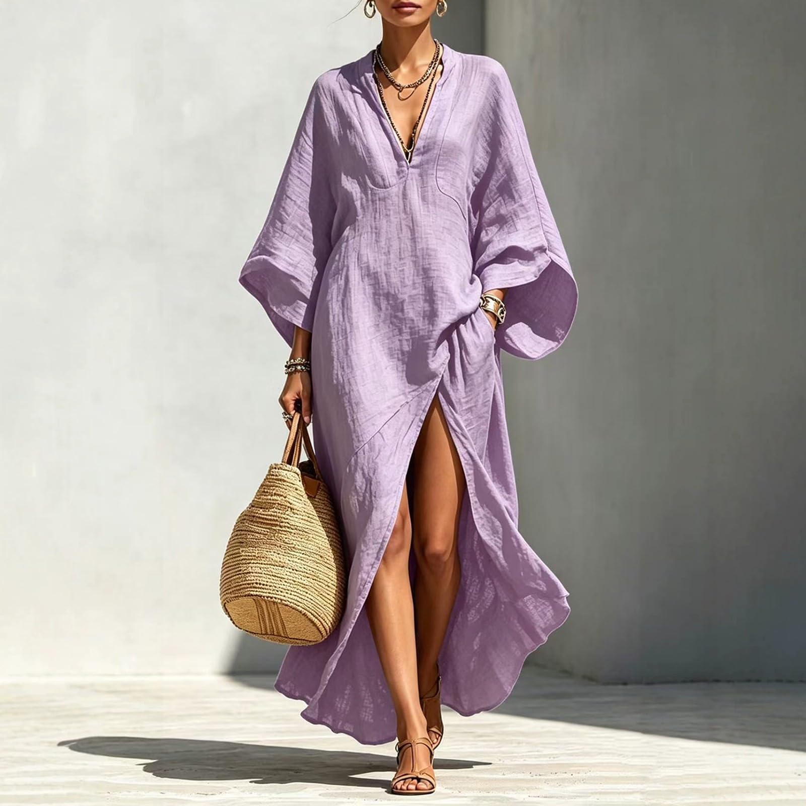 Musselin Kleid Damen Große Größen Kleider Damen Lang Sommer Musselinkleid Langarm Tunikakleid Mit Seite Split Maxikleid Atmungsaktiv Locker Schlichte Dünne Hauskleider Urlaub Strand