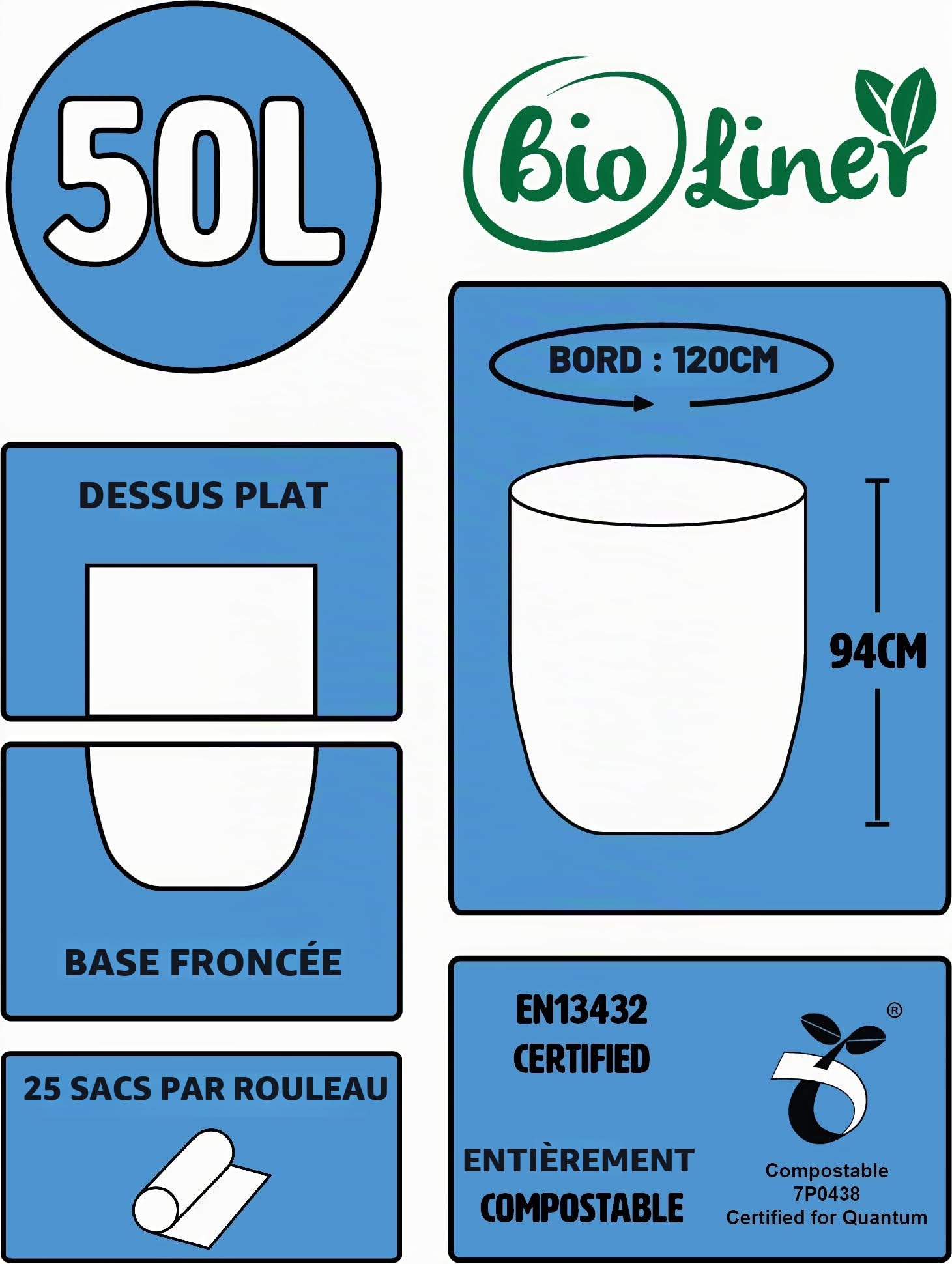 Lot de 100 sacs de 50 litres - Biobag - Sacs à compost pour poubelle de cuisine - Sac déchets alimentaires - Avec guide de compostage (français non garanti)