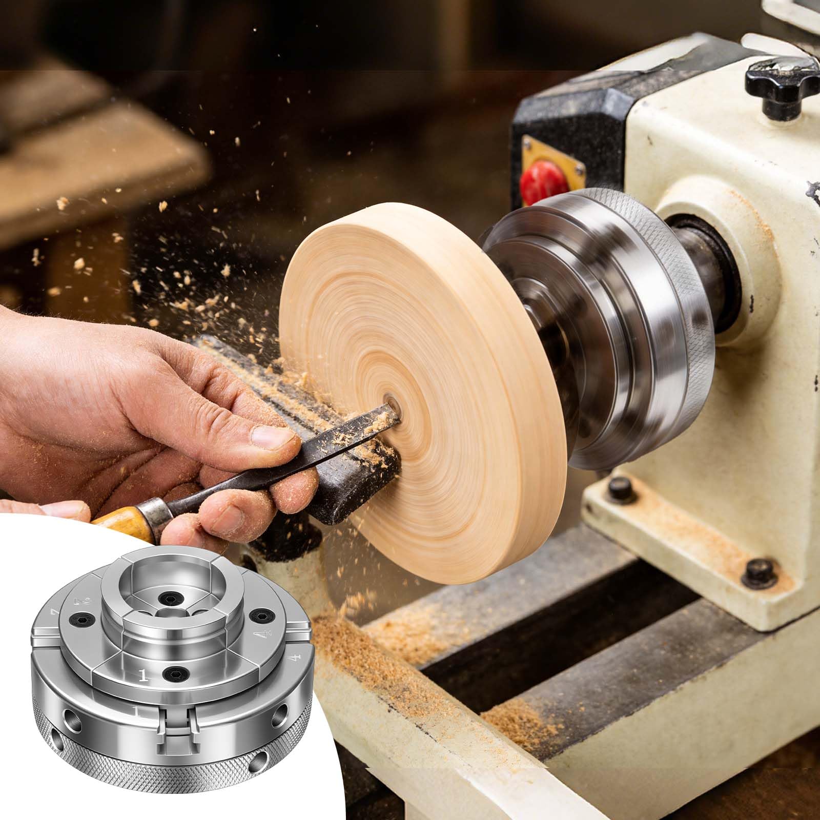 VEVOR Mandril para Torno de Madera 4 pulgadas 4 Mordazas, Juego de Mandril Autocentrante con Rosca de 1 pulgada x 8 TPI y Adaptador, Niquelado, Acero de Alta Dureza, para Trabajos de Carpintería