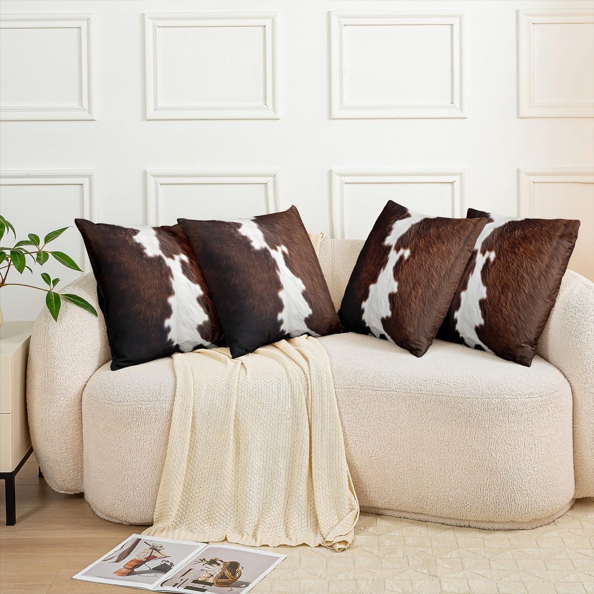 Pack of 4 Cowhide Fur Throw Pillow Covers 20x20 Kids Brown White Cow Hair Pillow Covers Cow Print Cushion Covers Women Men Rustic Cow Skin Farmhouse Animal Lumbar Decorative Square Pillow Cases
