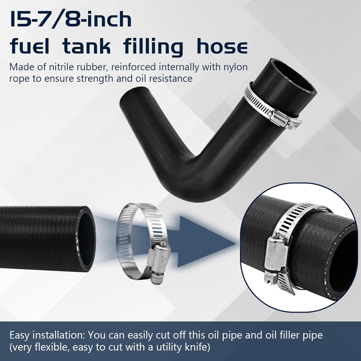 2 1/4" Gasoline Fuel Filler Neck Hose with 4 Clamps - 15 7/8" Length Gas Tank Hose Replacement (2.25" ID 90 Degree)