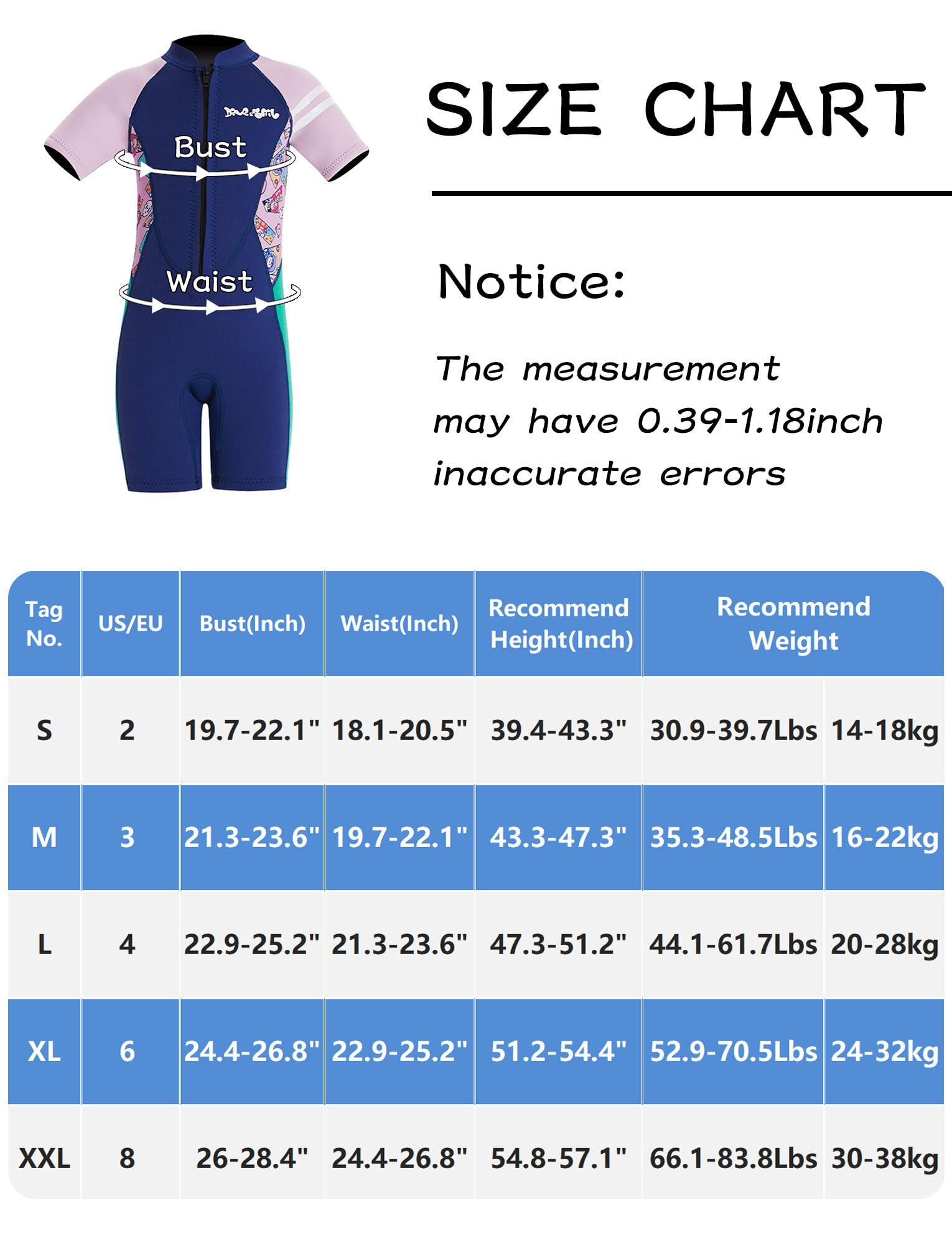 Neoprene 2.5mm Wetsuit for Kids Girls Children Warm Swimsuit Short Sleeve One Piece Shorts Swimwear Front Zipper UV Protection Diving Suit Rash Guard Navy Blue S