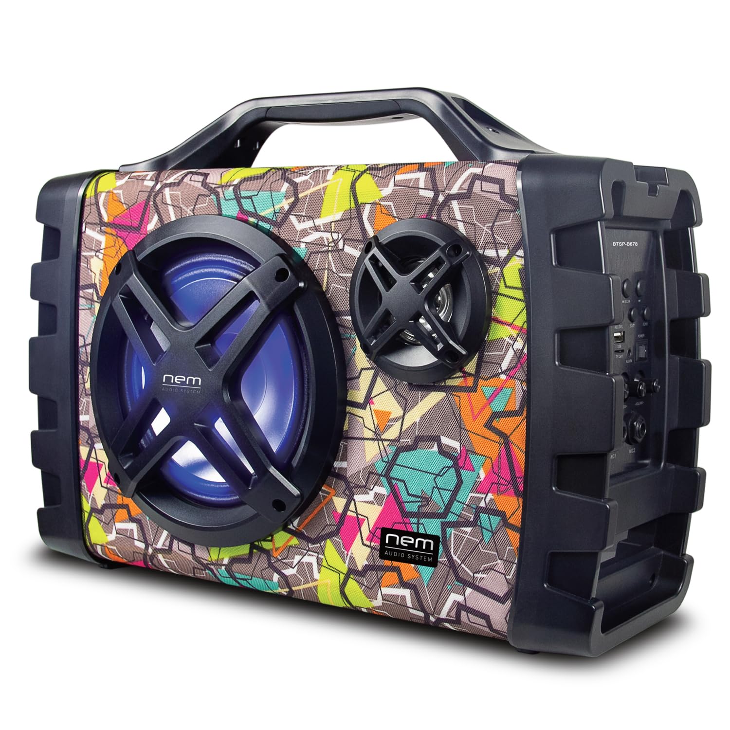 NEM Mobi7e Portable Wireless Bluetooth High Performance Stereo Speaker Extra Bass, USB Recording, Rechargeable Battery, AUX, TF Card Input, FM Radio, MP3, Mic and Guitar Input, LED Lights (Graffiti)