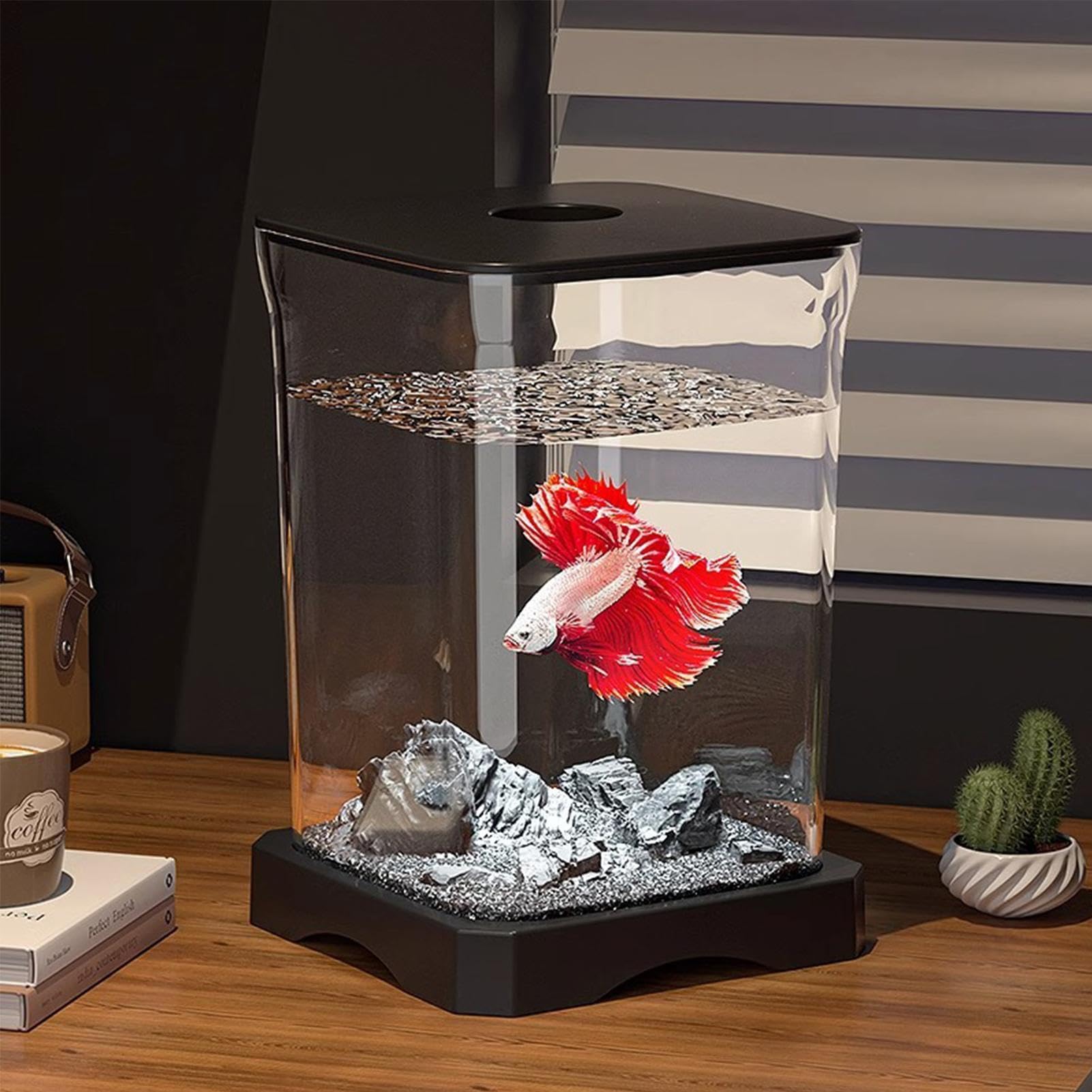 Acrylic Betta Fish Tank | Desktop Rettangolare Aquarium with Top Feeding Hole | Mini Eco Habitat with Ambient Light | Creative Starter Kit for Bettas