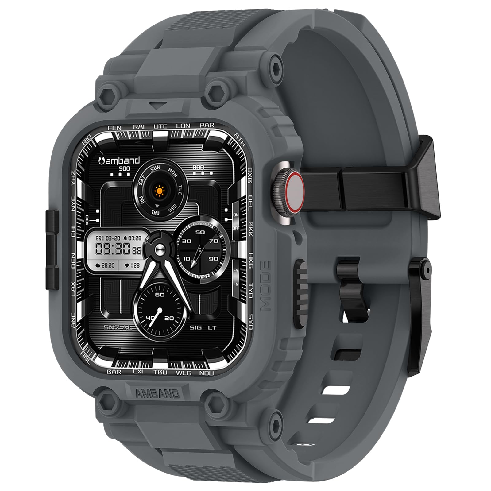 amBand Bands Compatible with Apple Watch 9/8/7 45mm, M1 Sport Series Rugged Case with TPU Strap Military Protective Tough Cover Bumper for iWatch SE3/SE2/SE/6/5/4 44mm Men Gray