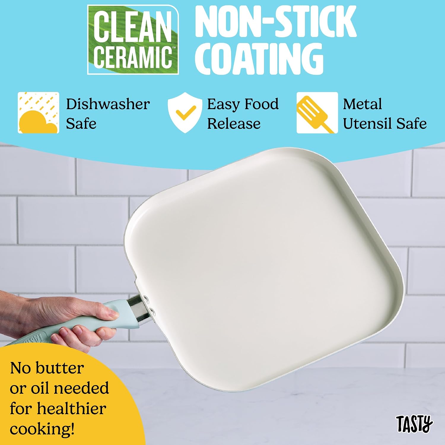 Tasty Ceramic Square Griddle Pan, Healthy Nonstick, Aluminum Cookware, Even Heating, Easy to Clean, Made without PFAS, PFOA, PFOS and PTFE, Dishwasher Safe, 11-Inch, Aqua