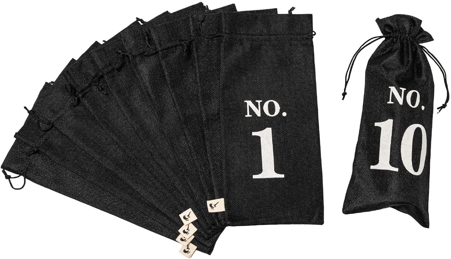 VINOPIE Black Blind Tasting Wine Bags Cover Pouch Kit, Numbered 1 to 10 Reusable Drawstring Bottle Covers (10 pcs) for Blind Wine Tasting, Wine Education, Parties & Tastings