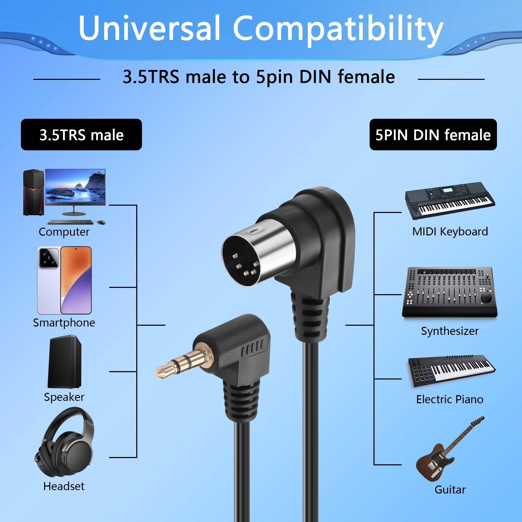 Cavo MIDI DIN 5 Pin A Jack 3.5 Mm, Angolo 90 Gradi, 1.5 M, Per Tastiere E Dispositivi Audio