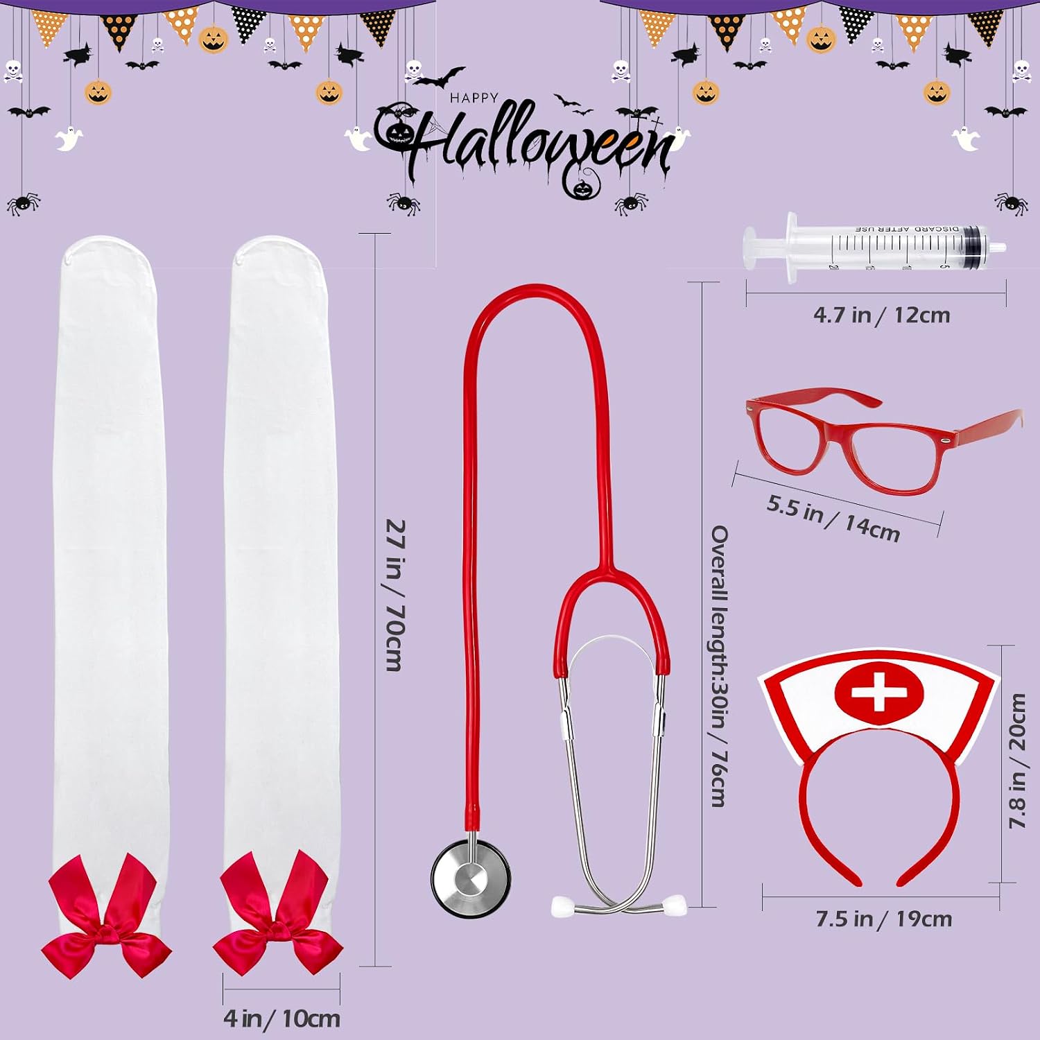 Halloween Nurse Costume Accessory, 3Pcs Nurse Headband Costume Set Halloween Role Play Party Fancy Dress (Headband Syringe Stockings and Stethoscope)