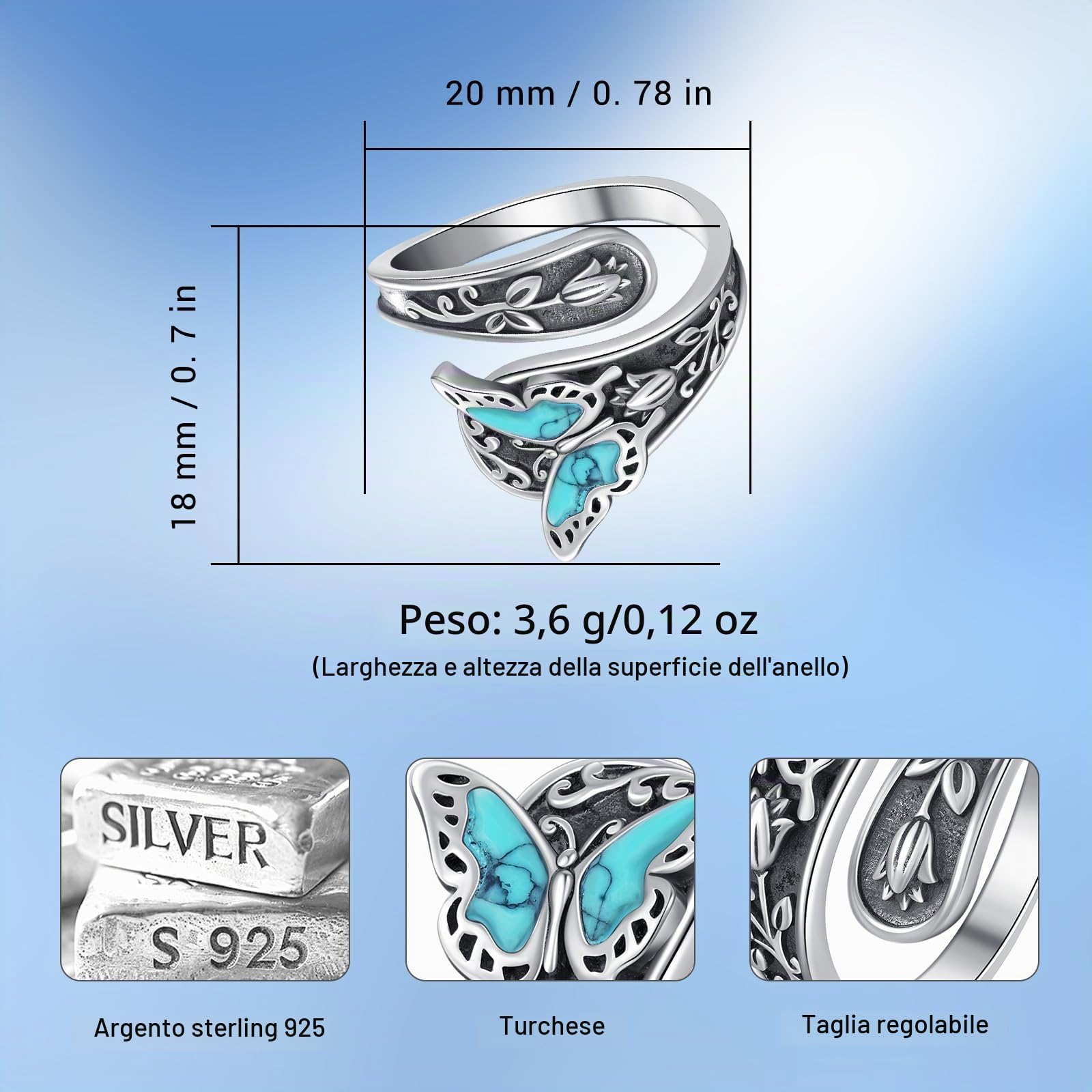 Eusense Anello Turchese in Argento Sterling 925 Libellula, Farfalla, Girasole, Piuma Anello Donna Regolabile, Gioielli Regalo per Sorella, Mamma, Figlia