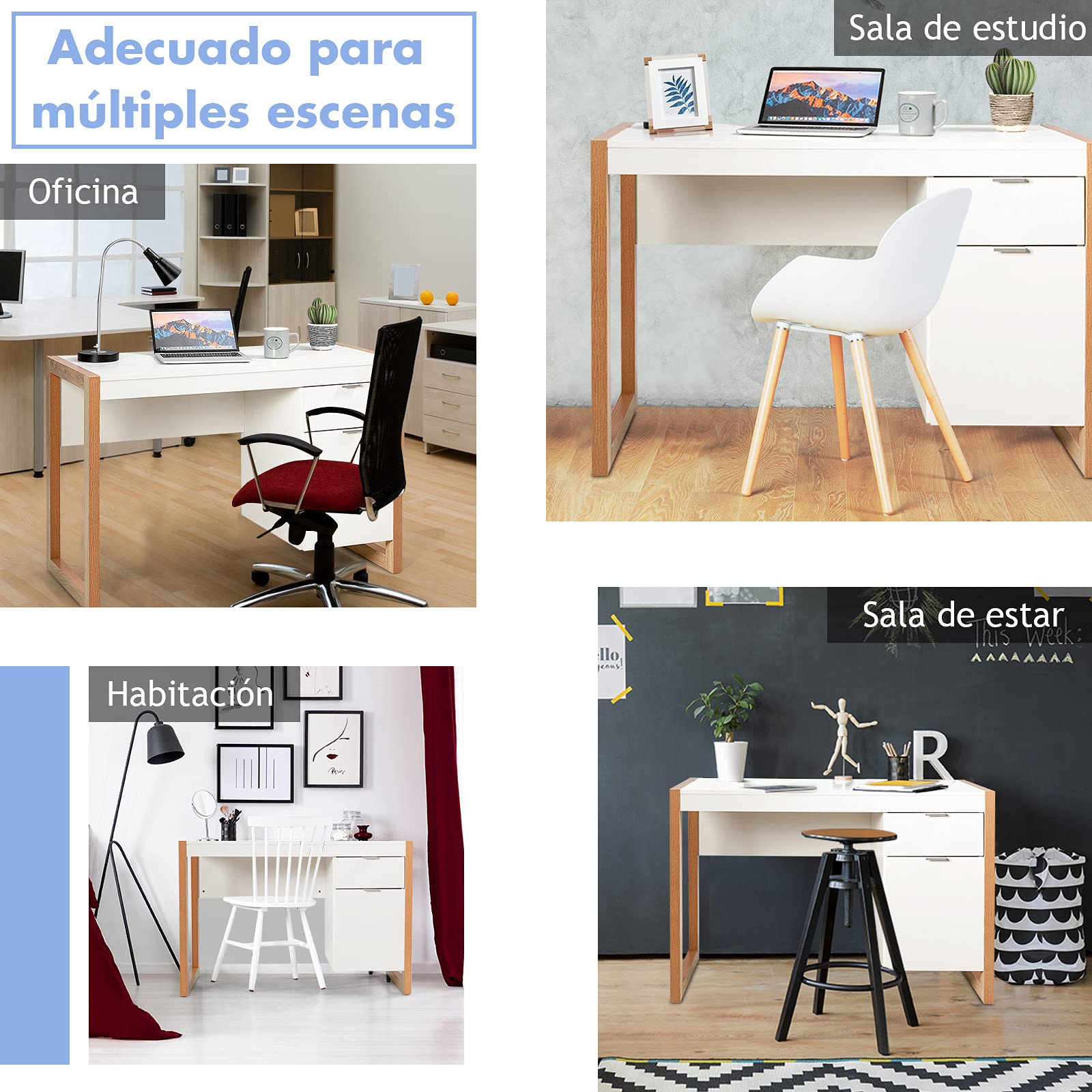 COSTWAY Escritorio para Ordenador, Mesa de Trabajo con Armario y Cajón, Diseño Simple y Elegante, Panel Espeso, Estructura Resistente, Escritorio con Superficie Lisa Casa y Oficina