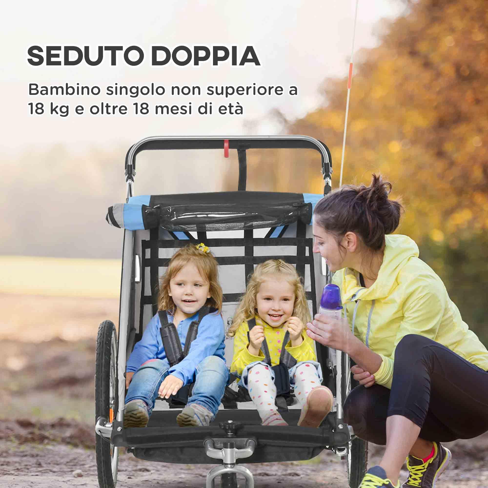 HOMCOM Rimorchio Bici per Bambini 2 in 1 Passeggino con Freno, Cintura a 5 Punti