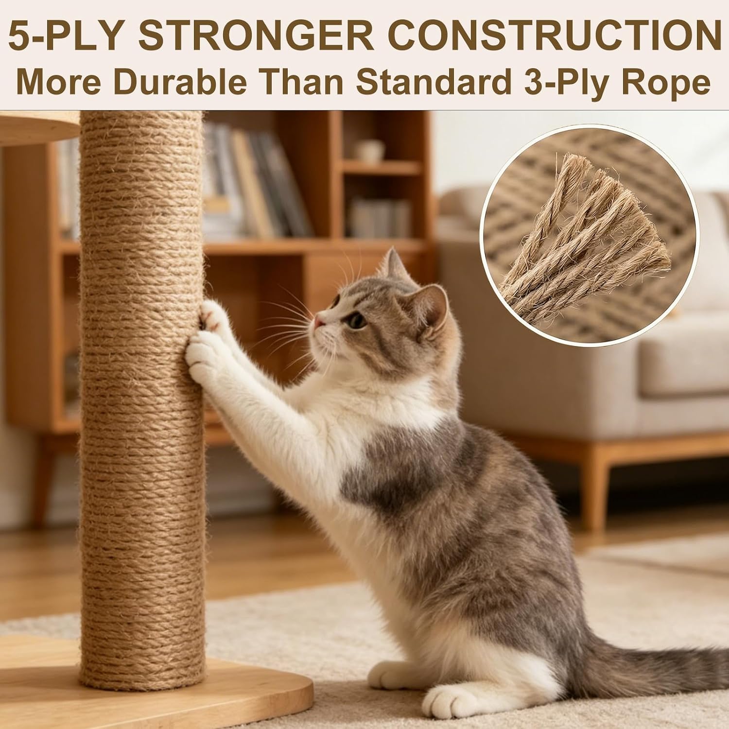Sisal Rope for Cat Tree Repair, 1/4 Inch 6mm x 164FT Heavy Duty 5-Ply Cat Scratching Post Rope Replacement, Natural Unbleached Ropes for Cat Tower, DIY Scratcher, Furniture Protection
