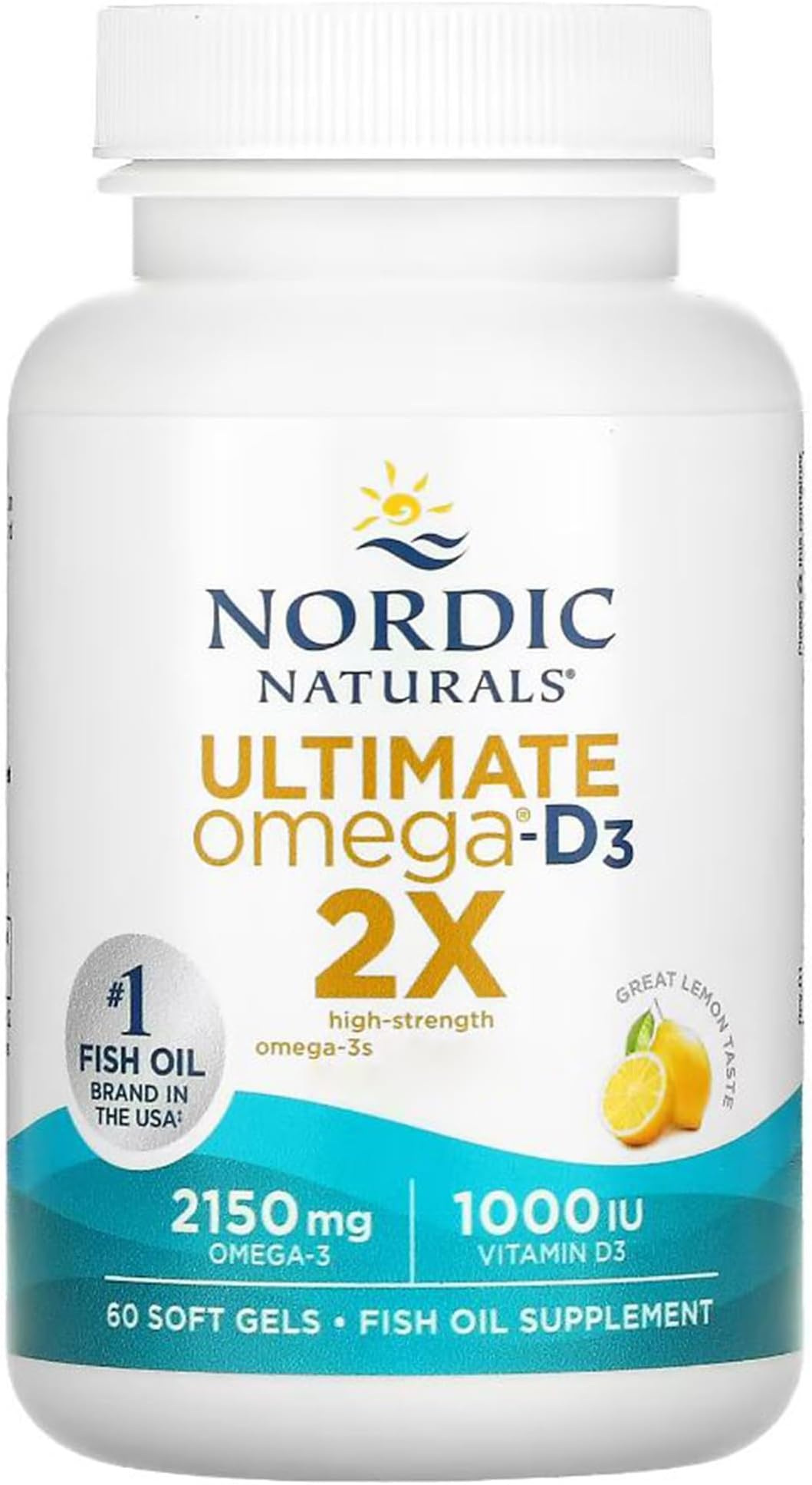 Ultimate Omega 3 2X, 2150mg Omega-3 Capsules High Strength Fish Oil Supplements with EPA and DHA and Vitamin D2, 60 Softgels, Lemon Flavour, Soy Free, Gluten Free