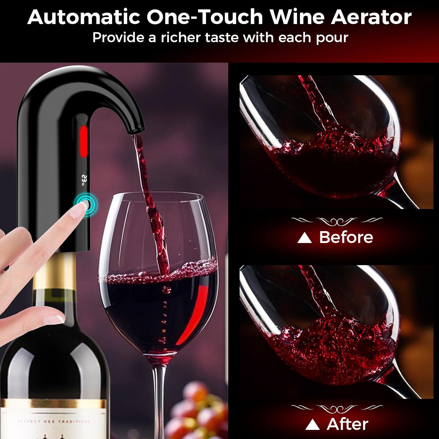 Electric Wine Aerator and Wine Decanter – Quiet Dual-Pump Aeration, Measured Pouring, Temp Display & USB Rechargeable System Electric One-Touch Automatic Wine Decanter and Wine Dispenser Inky