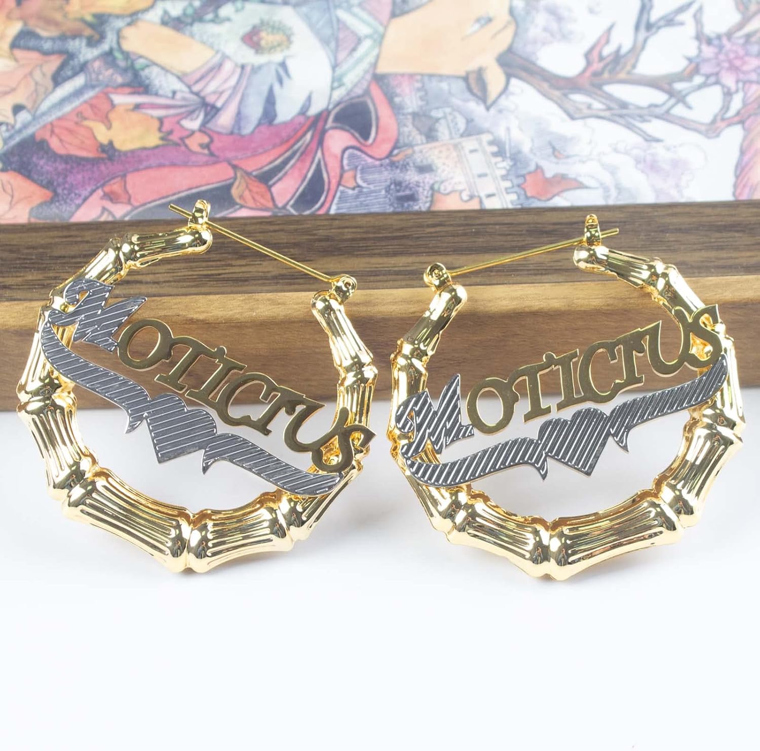 MOTICIUS Custom Bamboo Earrings for Women Personalized Name Earrings 18K Gold Plated Bamboo Earring Customized Big Hoop Earring Gifts for Women Mom Grandma
