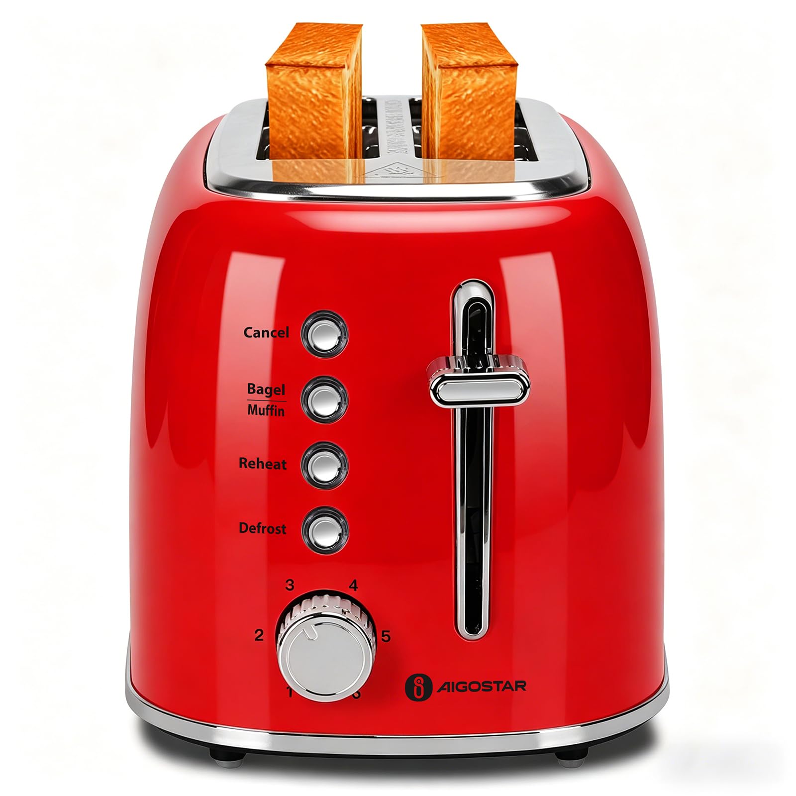 Aigostar Grille Pain, 2 Fentes Extra-Larges, Vintage Inox Rouge, Fonction Bagel/Décongélation/Réchauffage/Annulation, 6 Niveaux de Dorage, Tiroir Ramasse-Miettes Amovible, 800W
