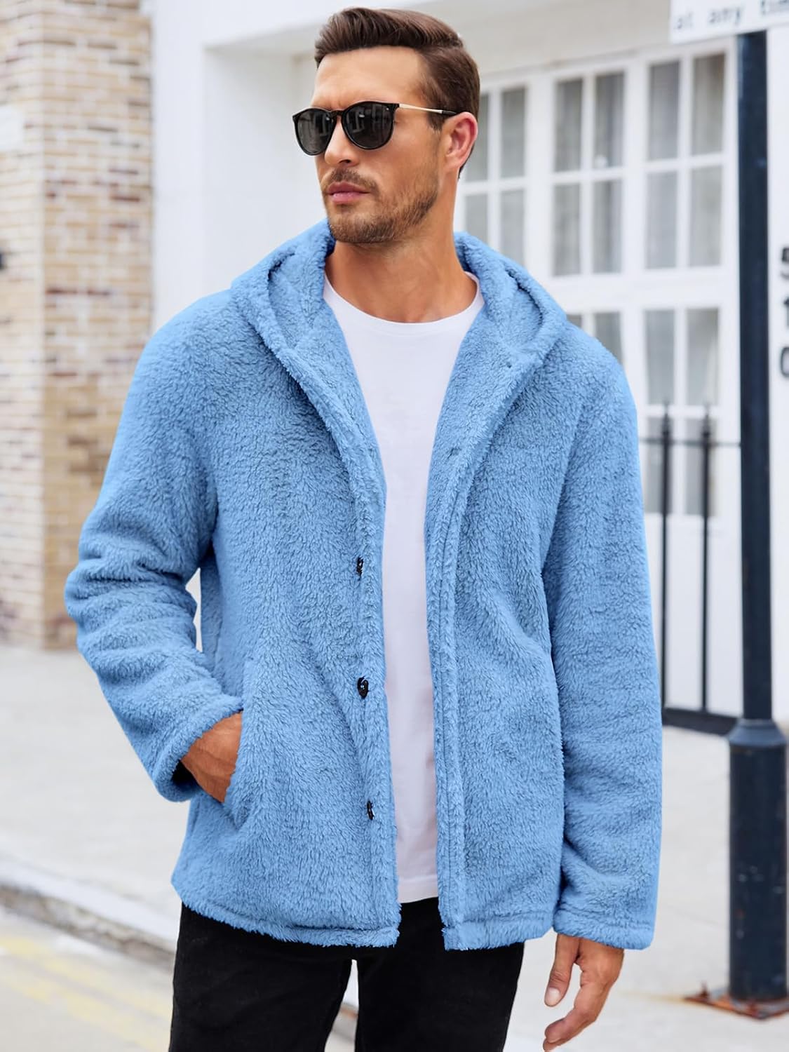 PASLTER Mens Fuzzy Sherpa Jacket Fluffy Fleece Open Front Cardigan Button Down Coat Winter Warm Thicken Lined Outwear - Image 2