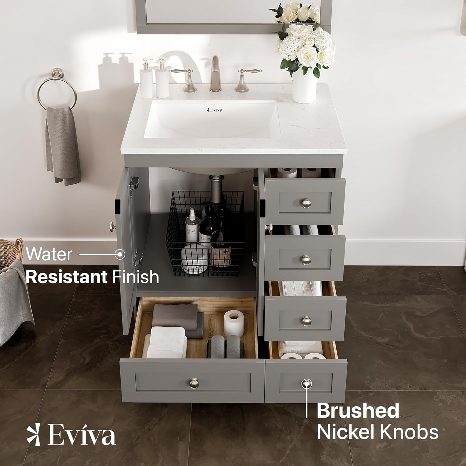 Eviva Acclaim 28 in. Gray Single Sink Bath Vanity with Carrara Quartz Top and Undermount Porcelain Sink