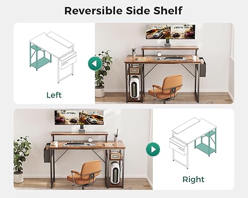 Miniatura 5 de AODK Escritorio para computadora de 48 pulgadas con soporte ajustable para monitor, escritorio de trabajo con estantes, estación de trabajo de