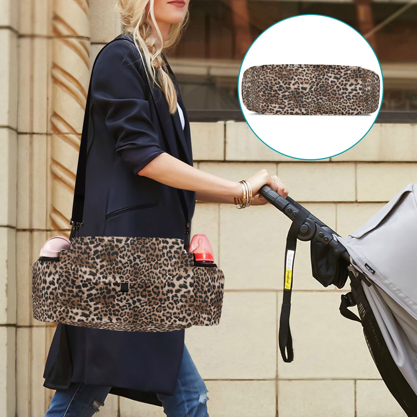 Borsa organizer per passeggino con stampa leopardata, universale, con 2 portabicchieri, cinghie regolabili e gancio per passeggino, adatta per biberon, pannolini, telefono, giocattoli