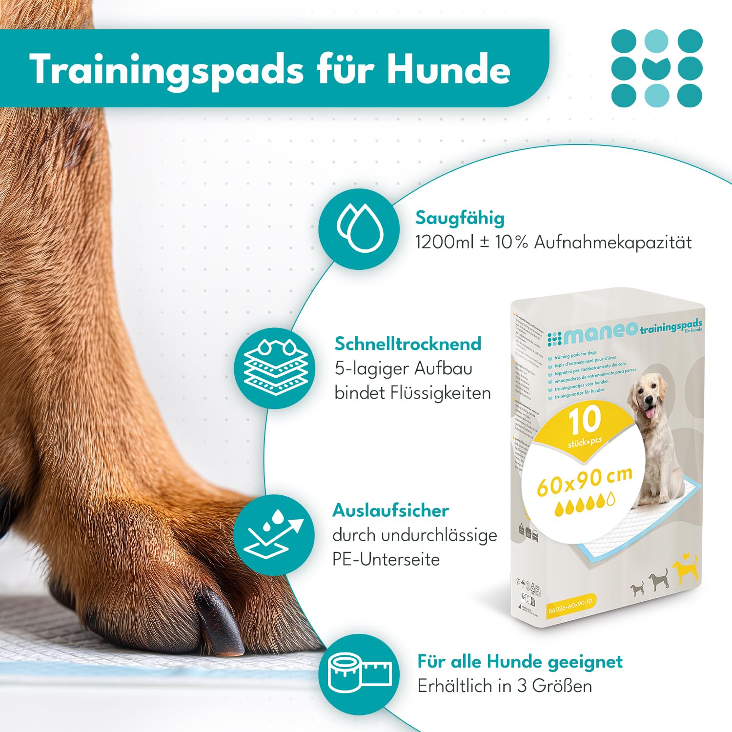 100x Welpen Unterlagen 60x90cm, maneo Trainingspads für Hunde, Welpen Unterlagen saugfähig, Hundeklo auslaufsicher, 5-lagige Pipi Matten für Hunde, Katzen & Co., Puppy Pads, Welpen Zubehör, Pipi Pads