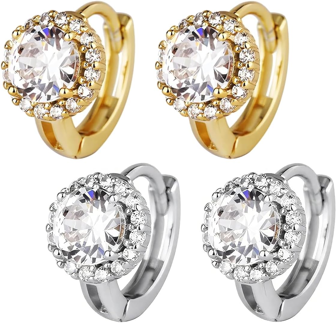 14K Gold Plated Cubic Zirconia Huggie Hoop Earrings, Small Dainty Crystal Huggie Earrings for Women
