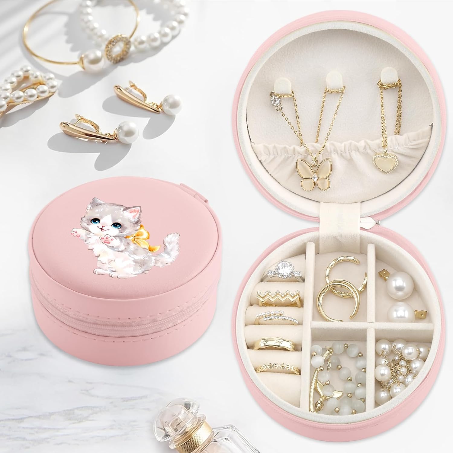 MAYCARI Jewelry Box with Cute Bow Cat Pattern Design, PU Leather Jewelry Travel Organizer Case-Rings/Earrings/Necklace Storage Box for Women Birthday Mom Friends Her Bridesmaids Girls s - Image 2