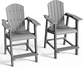 DWVO 25" Tall Adirondack Chair Set of 2, Poly Bar Height Balcony Chairs, Weather Unaffected Outdoor Barstool Lifeguard Chair for Deck Pool Patio and Porch, Grey