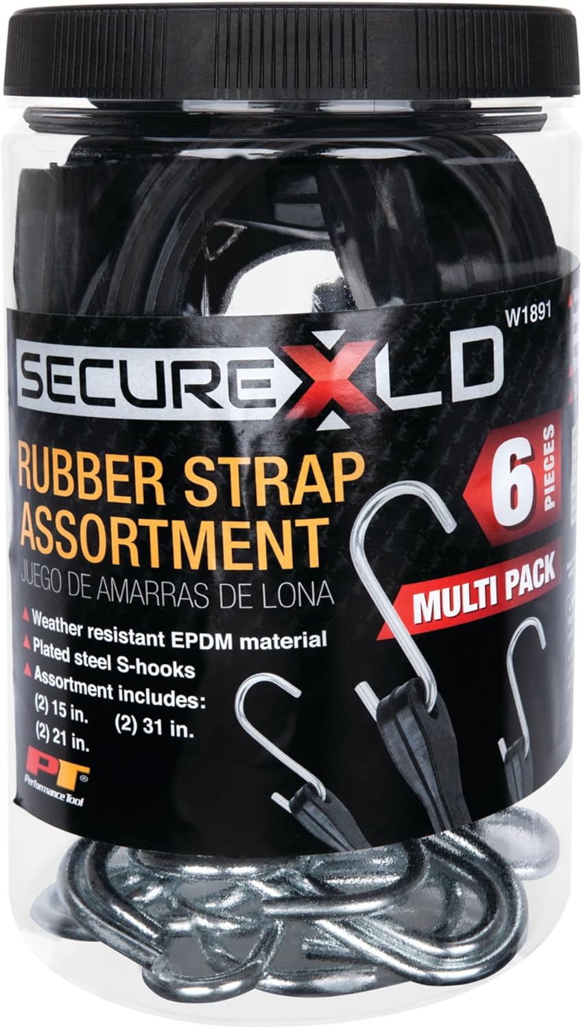 Performance Tool W1891 6Pc Tarp Strap Assortment - Heavy Duty Bungee Cord Set with Hooks for Securely Holding Down Tarps, Canopies, and Cargo