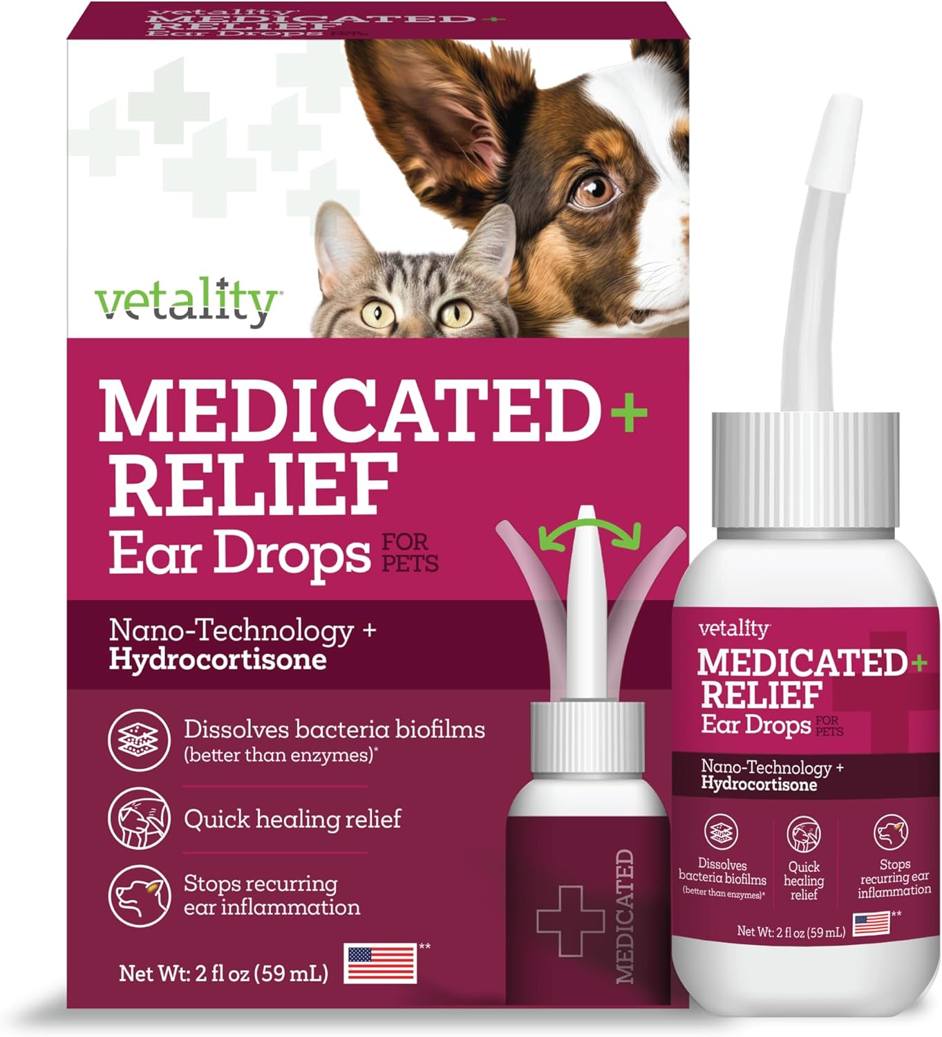Vetality Medicated Otic Drops for Dog Ear Infection Treatment, 2 fl oz