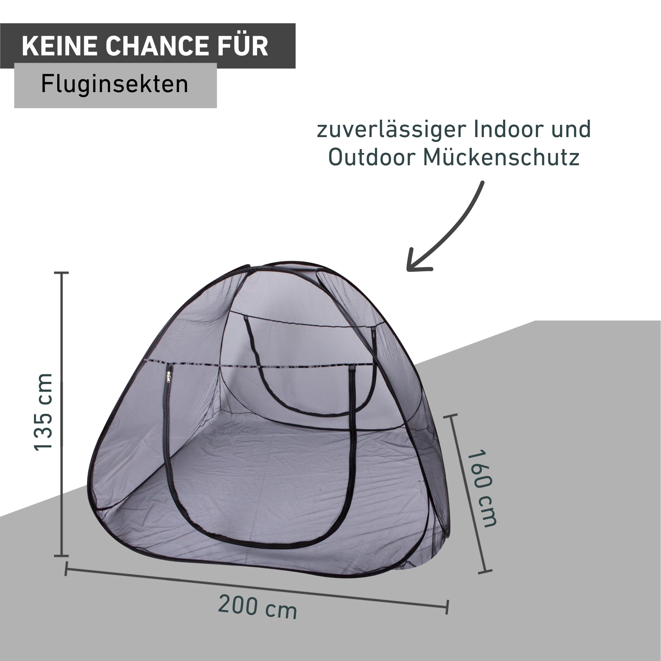 Windhager POP-UP Moskitonetz Zelt, großes Mückennetz für Doppelbett, Camping Netz, Insektenschutz, Mückenschutz, Bettnetz, Fliegennetz Zelt, 160 x 200cm, anthrazit, 03275
