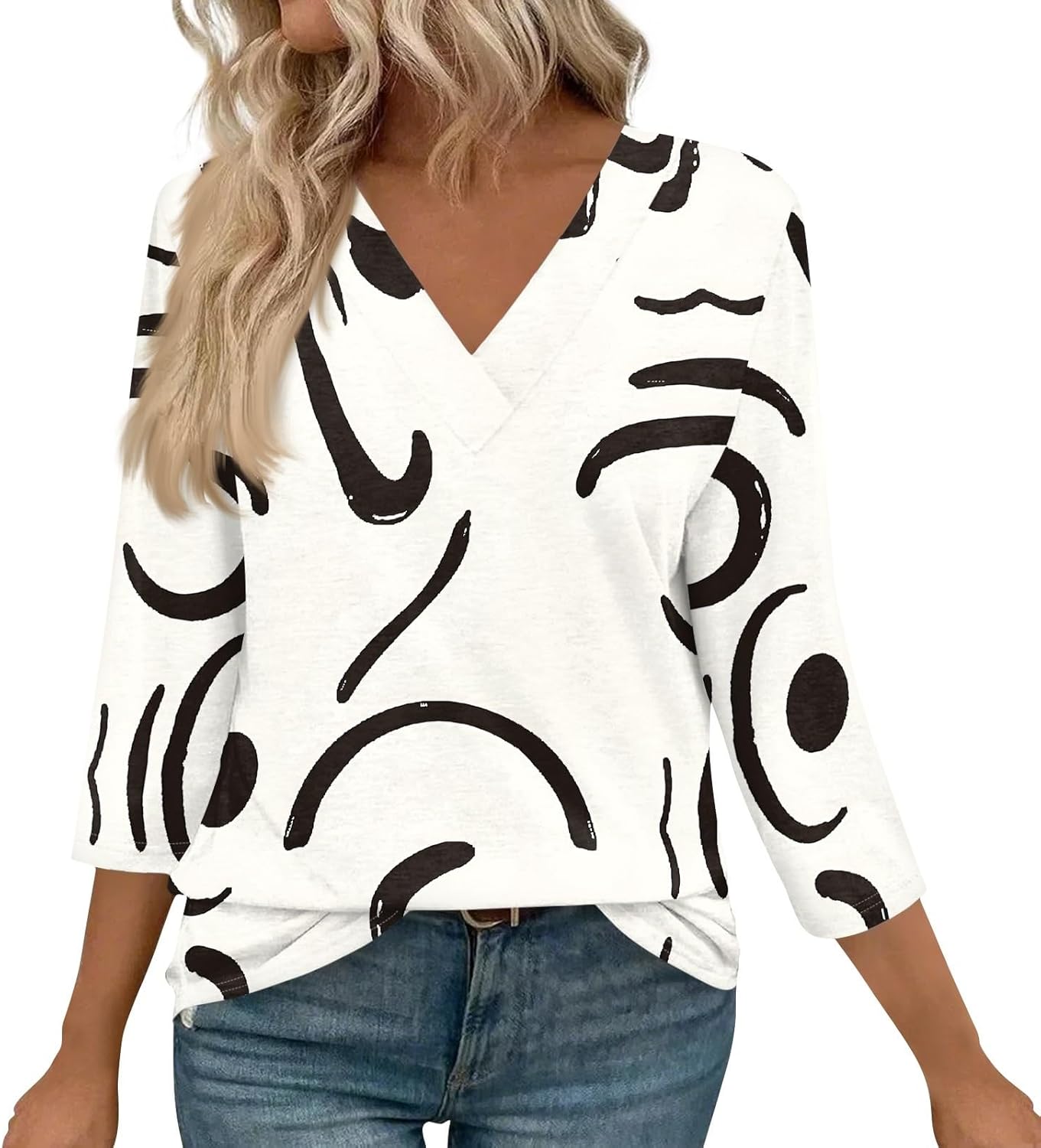 3/4 Length Sleeve Womens Tops V Neck Color Block Basic Tees Comfy Spring Holiday T-Shirt Casual Workout Outfits - Image 2