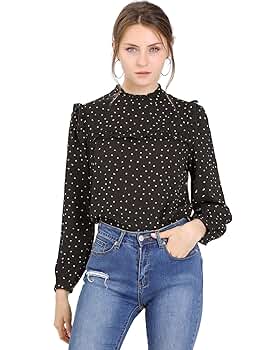 トップス 2way Sleeve Dot Ruffle Blouse Unique Bargains Women's Polka Dots Blouse L Black Ruffled