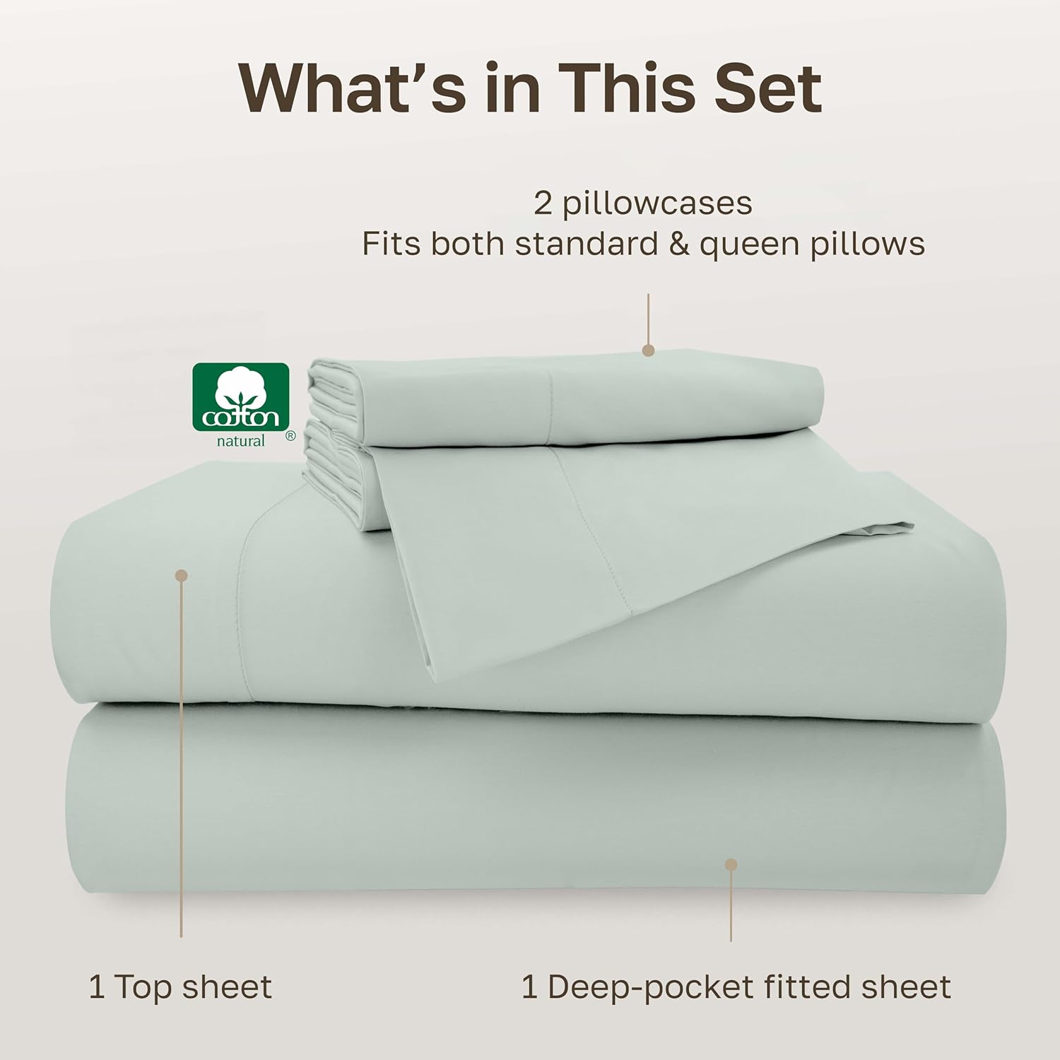 California Design Den - Luxury Queen Bed Sheets Set, Soft 100% Cotton Sheets Deep Pockets Snug Fit Elastic, 500 Thread Count Sateen, Cotton Sheets Set (Silver Sage) - Image 3