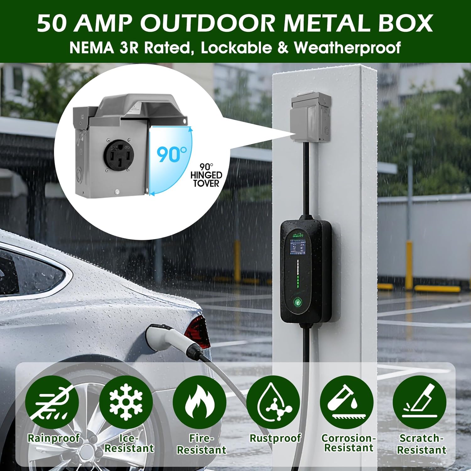 50 Amp EV/RV Power Outlet Box, NEMA 14-50R Receptacle EV Charger Outlet Box,Heavy Duty Metal Box, NEMA 3R Weatherproof Enclosure Lockable Cover for Indoor/Outdoor EV Charging(UL Certified+ETL Listed)