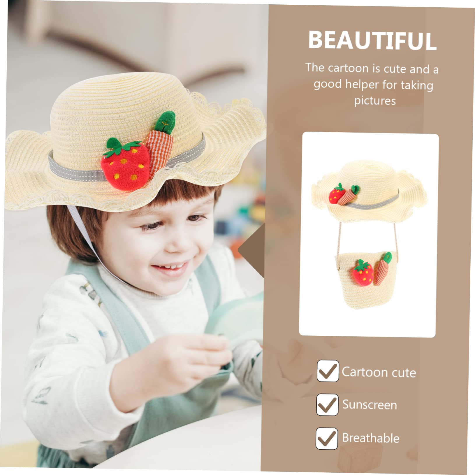 Sombrero de Paja para Niños 1 Set, Paja Beige, Estilo Lovely | Bolsa de Paja para Niños, Decoraciones de Zanahoria y Fresa, Celebracion Verano, para Viajar y Trabajar