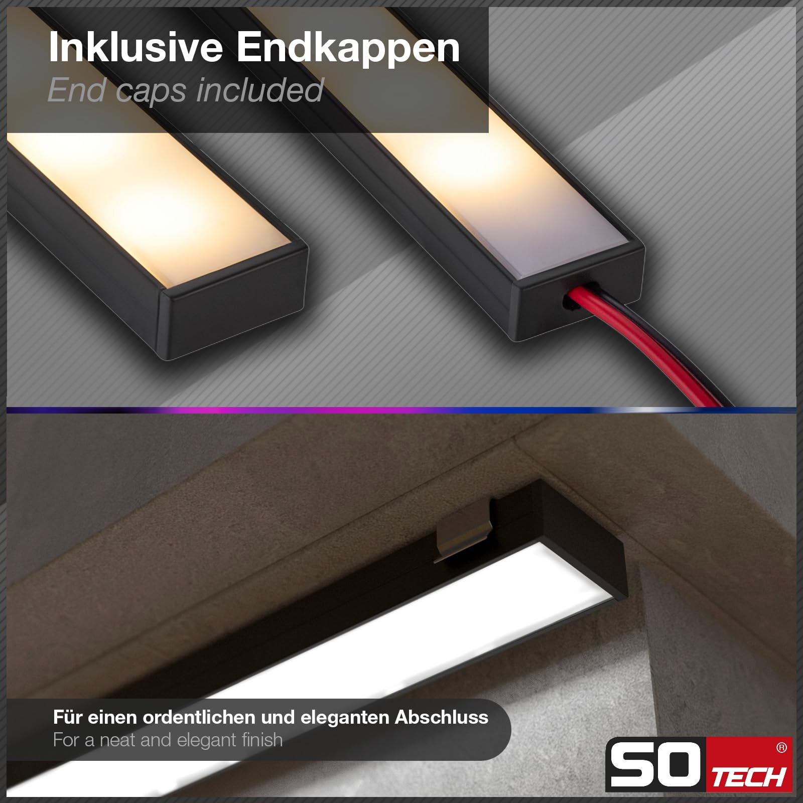 SOTECH LED Profil-PH1 (2000 x 18 x 8,5 mm) Schwarz für breite LED Stripes bis 16 mm (z.B. für Philips Hue LightStrip) Aufbauprofil mit opaler Abdeckung und Endkappenset