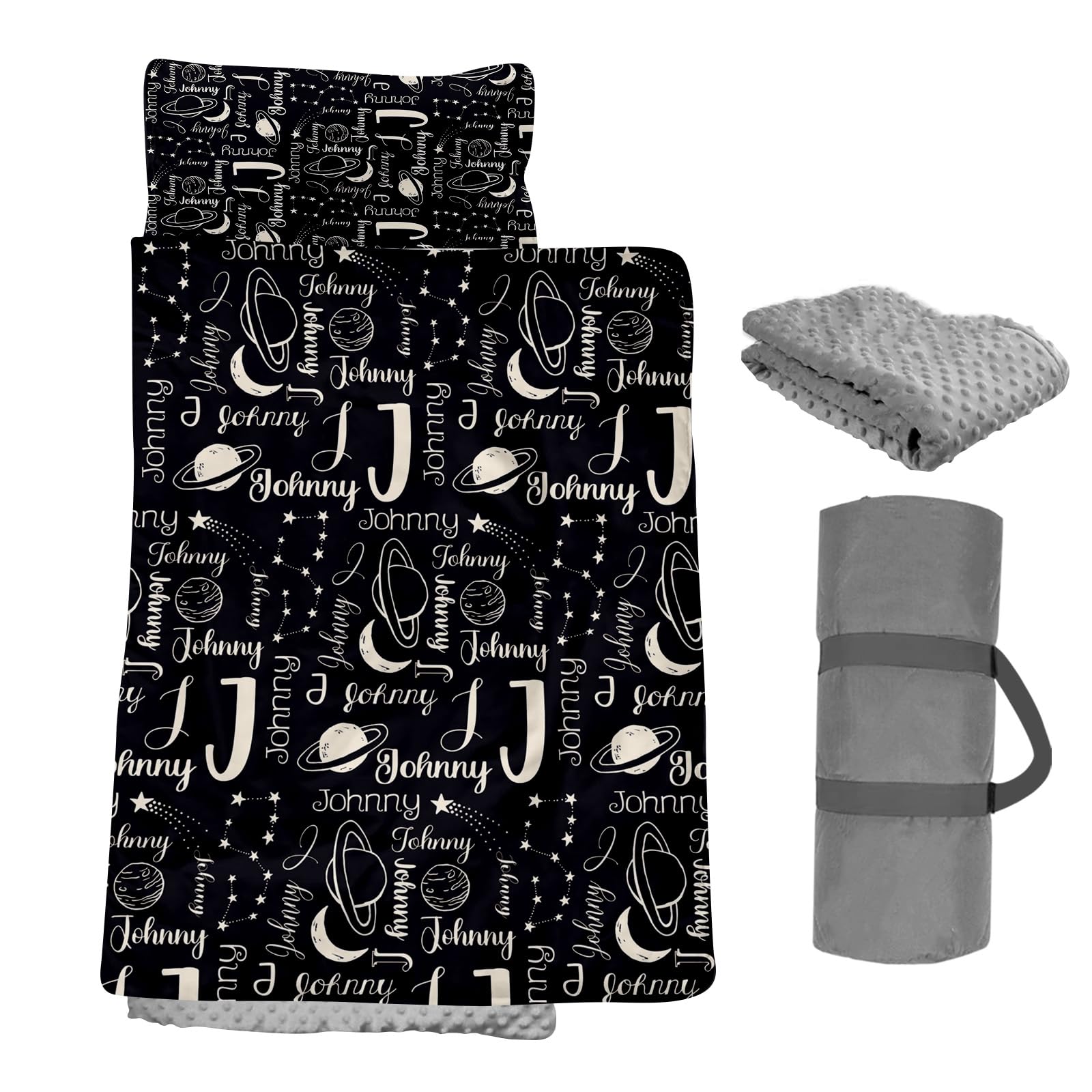 Dyoart Custom Space Nap Mat, Personalized Name Toddler Sleeping Bag for Daycare Preschool Kindergarten, Boys Girls Sleep Mats with Pillow Blanket, Kids Sleep Sacks for 2-15 Years, Black White Universe